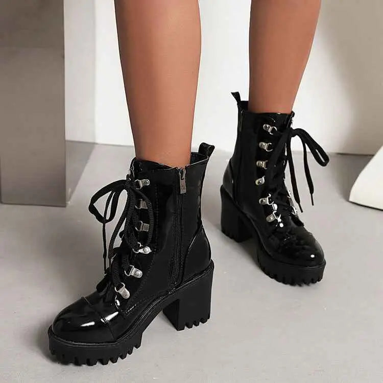 Women's Mid-Calf Patent Leather Boots – High Heel Riding Style Fashion Footwear AURABAGS SHOP