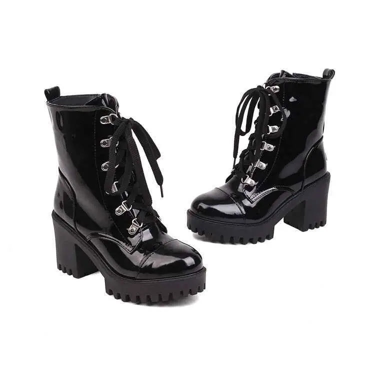 Women's Mid-Calf Patent Leather Boots – High Heel Riding Style Fashion Footwear AURABAGS SHOP
