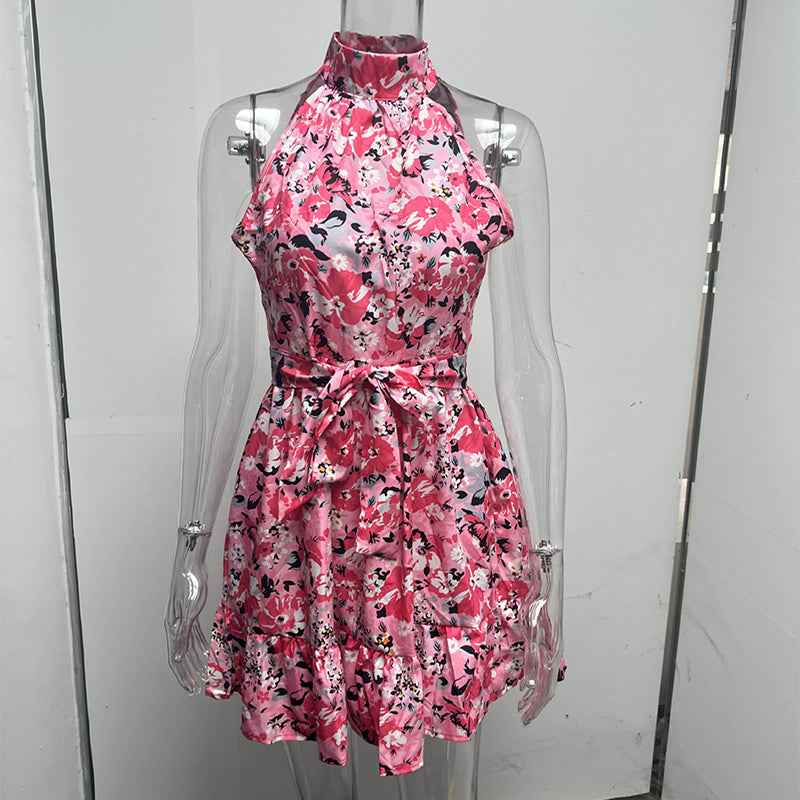 Women's Floral Halter Dress – Summer Lace-Up Ruffle Maxi Dress AURABAGS SHOP
