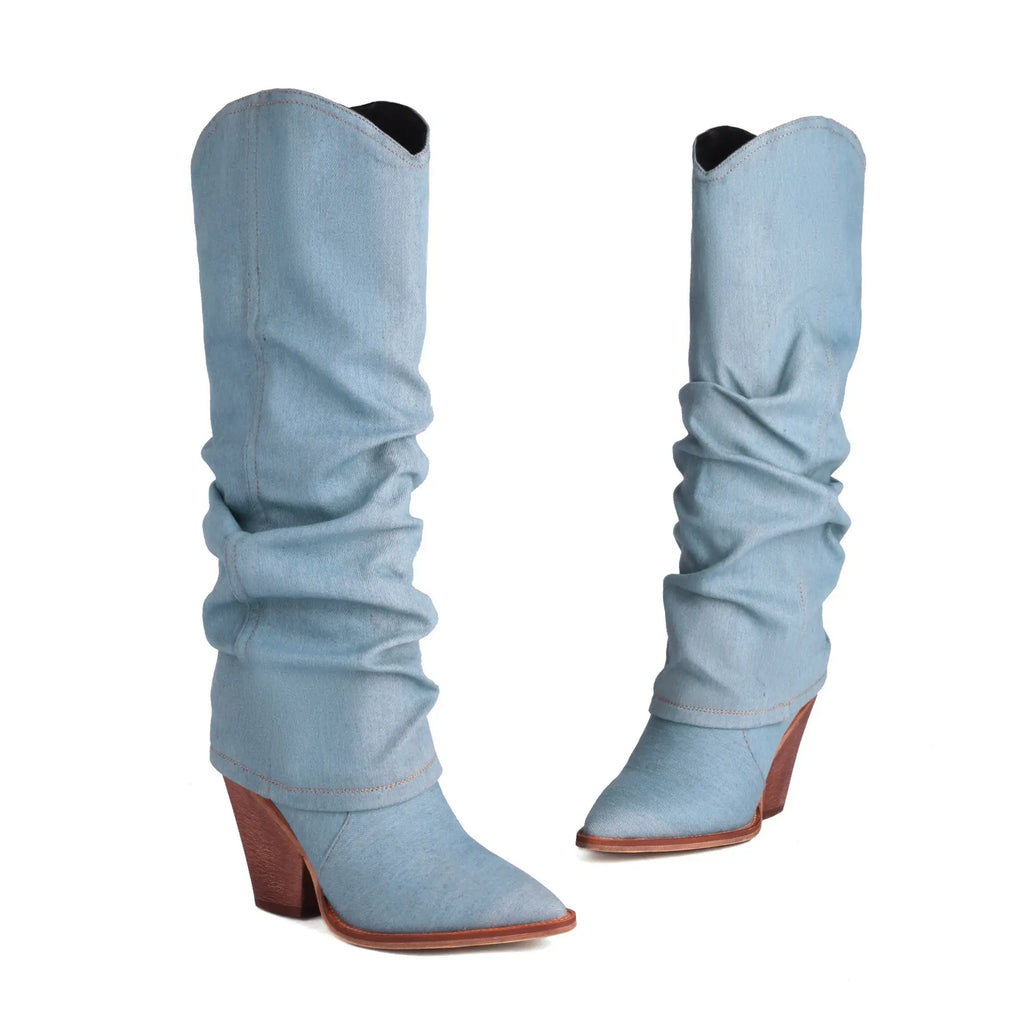 Women's Vintage Cowboy Boots – Pointed Toe Chunky Heel High Tube Fashion Boots AURABAGS SHOP