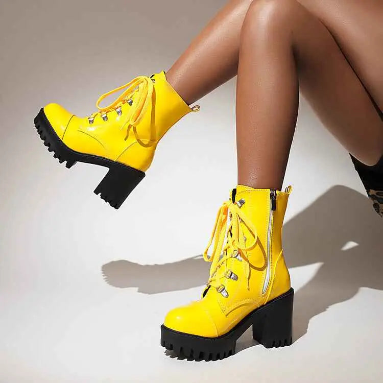 Women's Mid-Calf Patent Leather Boots – High Heel Riding Style Fashion Footwear AURABAGS SHOP
