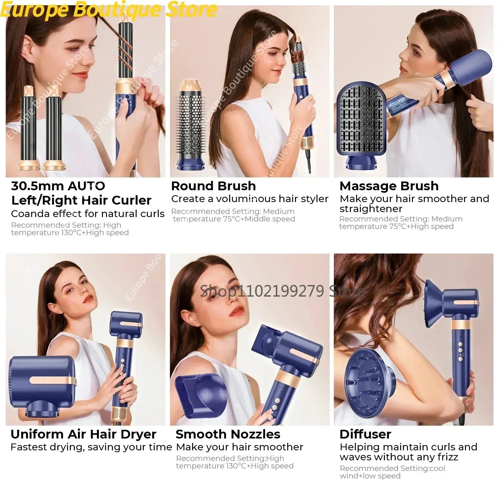 Sèche-cheveux 7 en 1, brosse sans balais, haute vitesse, avec diffuseur, sèche-cheveux ionique, peigne de coiffure à Air chaud, bigoudi automatique Ma boutique