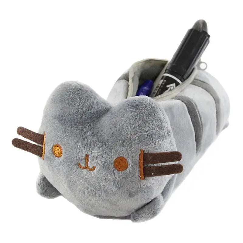 Sac à crayons en peluche chat rayé gris mignon de dessin animé, sacs de rangement de papeterie grande capacité, étui à stylos chat, fournitures scolaires Ma boutique