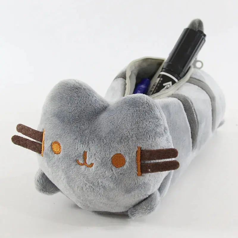 Sac à crayons en peluche chat rayé gris mignon de dessin animé, sacs de rangement de papeterie grande capacité, étui à stylos chat, fournitures scolaires Ma boutique