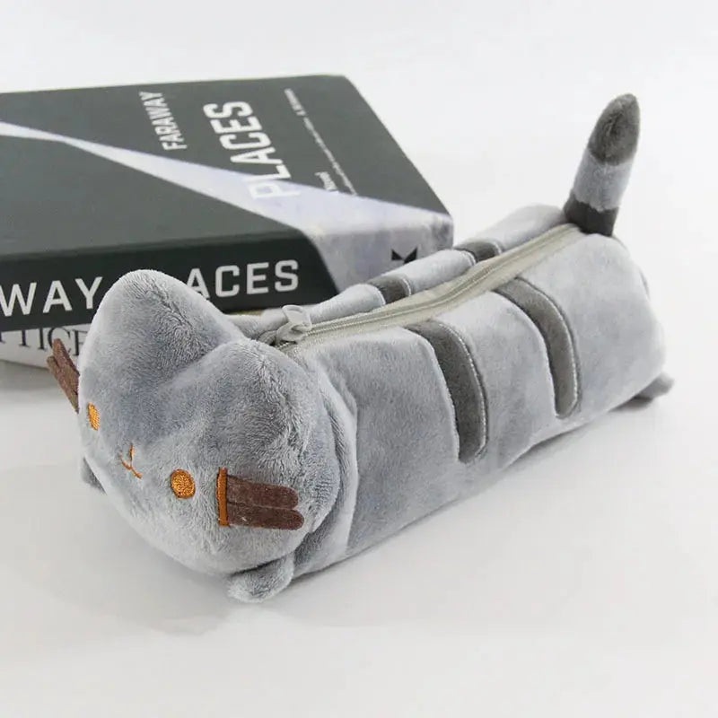 Sac à crayons en peluche chat rayé gris mignon de dessin animé, sacs de rangement de papeterie grande capacité, étui à stylos chat, fournitures scolaires Ma boutique