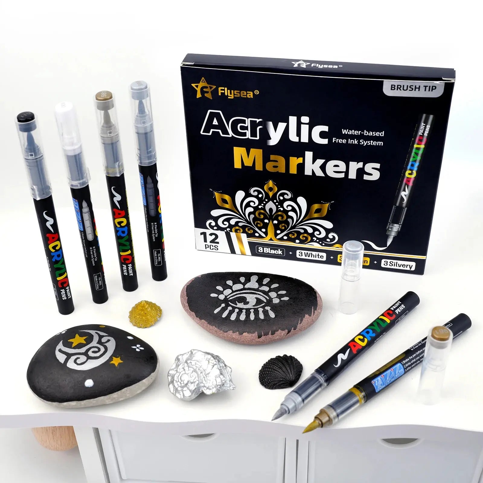 Lot de 12 marqueurs de peinture acrylique liquide (or, argent, noir, blanc), marqueurs de peinture, stylos à pointe feutre, ensemble de papeterie, dessin artistique, artisanat DIY, fournitures de rentrée scolaire, adap Ma boutique