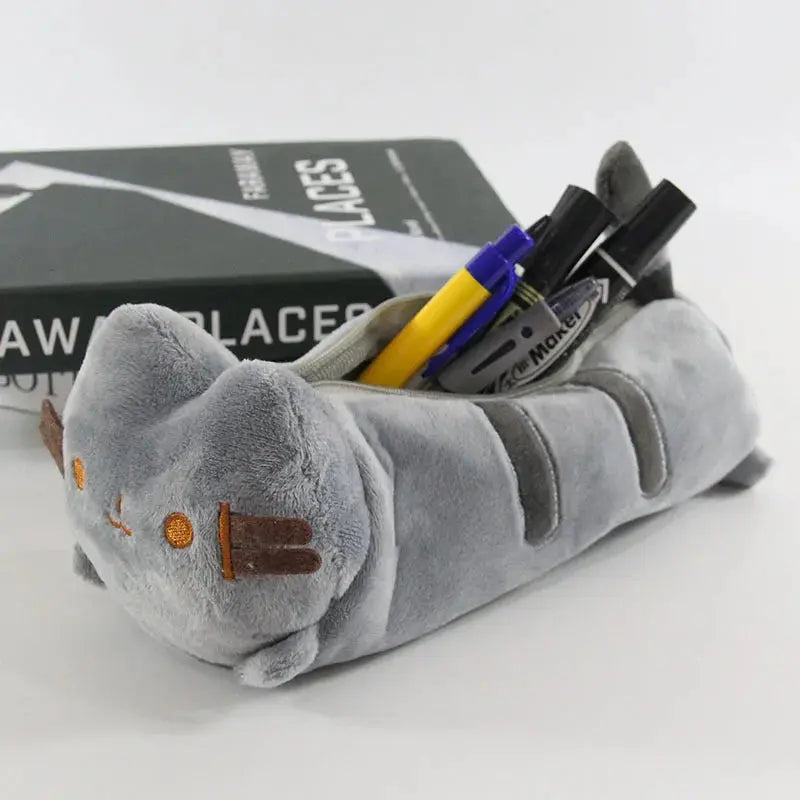 Sac à crayons en peluche chat rayé gris mignon de dessin animé, sacs de rangement de papeterie grande capacité, étui à stylos chat, fournitures scolaires Ma boutique