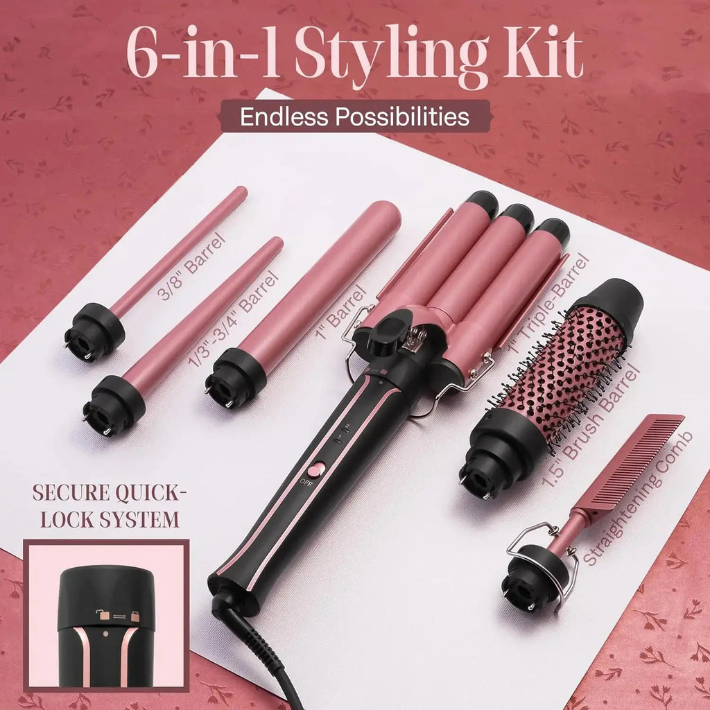 Kit de Fer à Boucler 5-en-1 avec Fer à Friser à 3 Barils, Lisseur et Onduleur Chauffant – Outils de Coiffure pour Femmes Ma boutique
