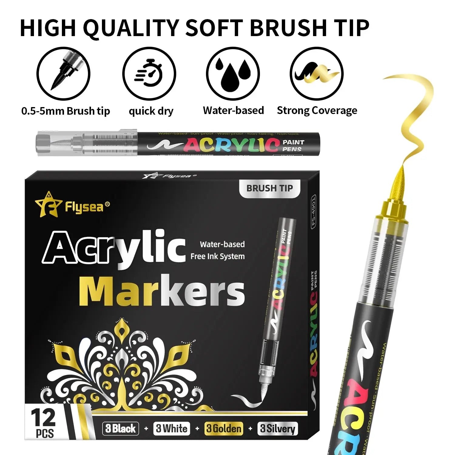 Lot de 12 marqueurs de peinture acrylique liquide (or, argent, noir, blanc), marqueurs de peinture, stylos à pointe feutre, ensemble de papeterie, dessin artistique, artisanat DIY, fournitures de rentrée scolaire, adap Ma boutique