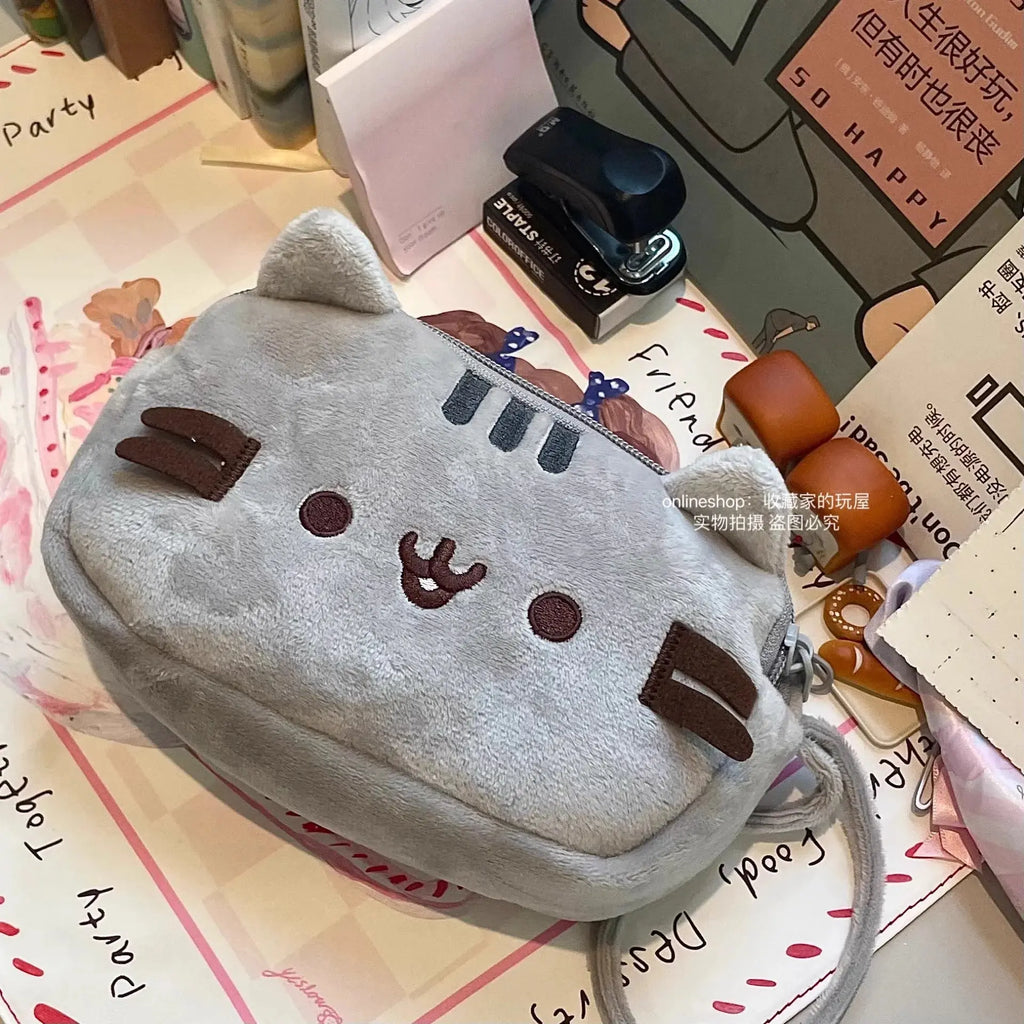 Sac à crayons en peluche chat rayé gris mignon de dessin animé, sacs de rangement de papeterie grande capacité, étui à stylos chat, fournitures scolaires Ma boutique