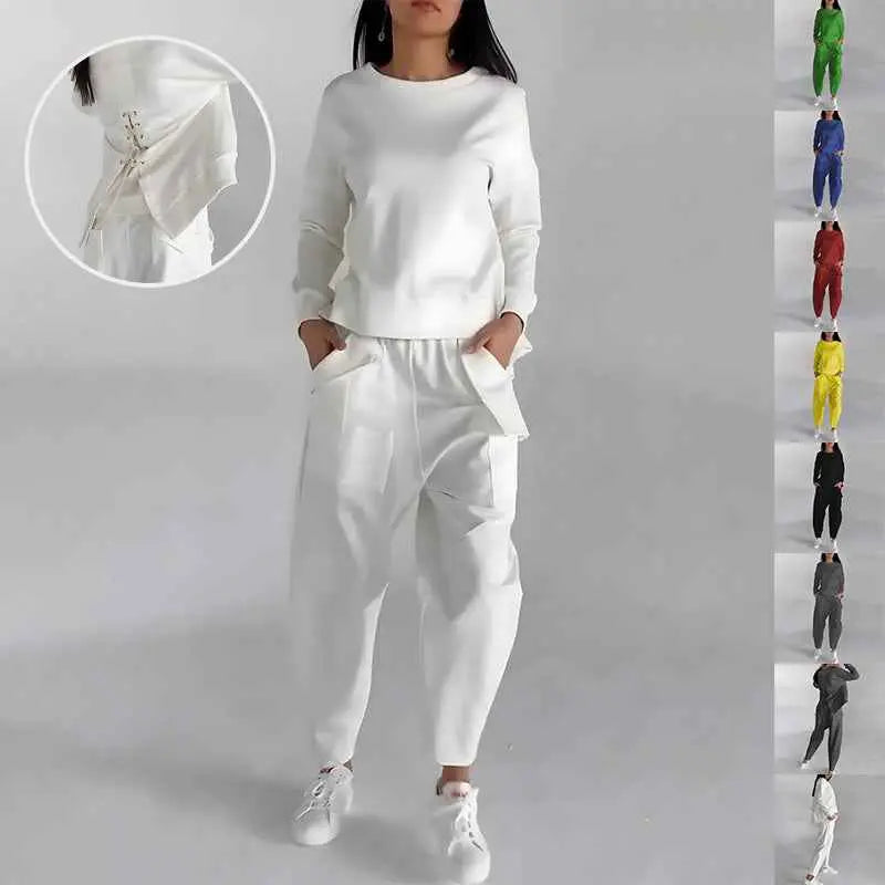 Fashion Women's Lounge Set – Solid Color Pullover Top and Wide Leg Trousers AURABAGS SHOP