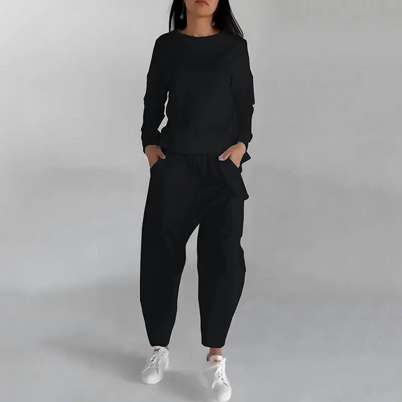 Fashion Women's Lounge Set – Solid Color Pullover Top and Wide Leg Trousers AURABAGS SHOP
