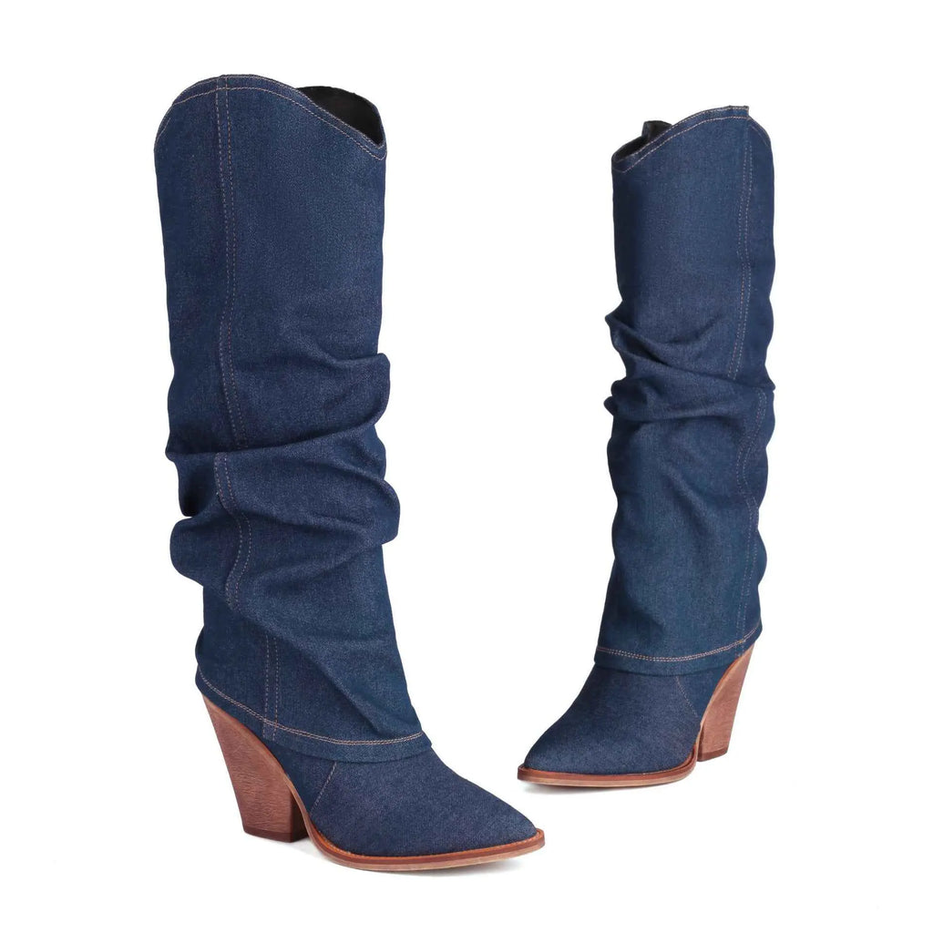 Women's Vintage Cowboy Boots – Pointed Toe Chunky Heel High Tube Fashion Boots AURABAGS SHOP