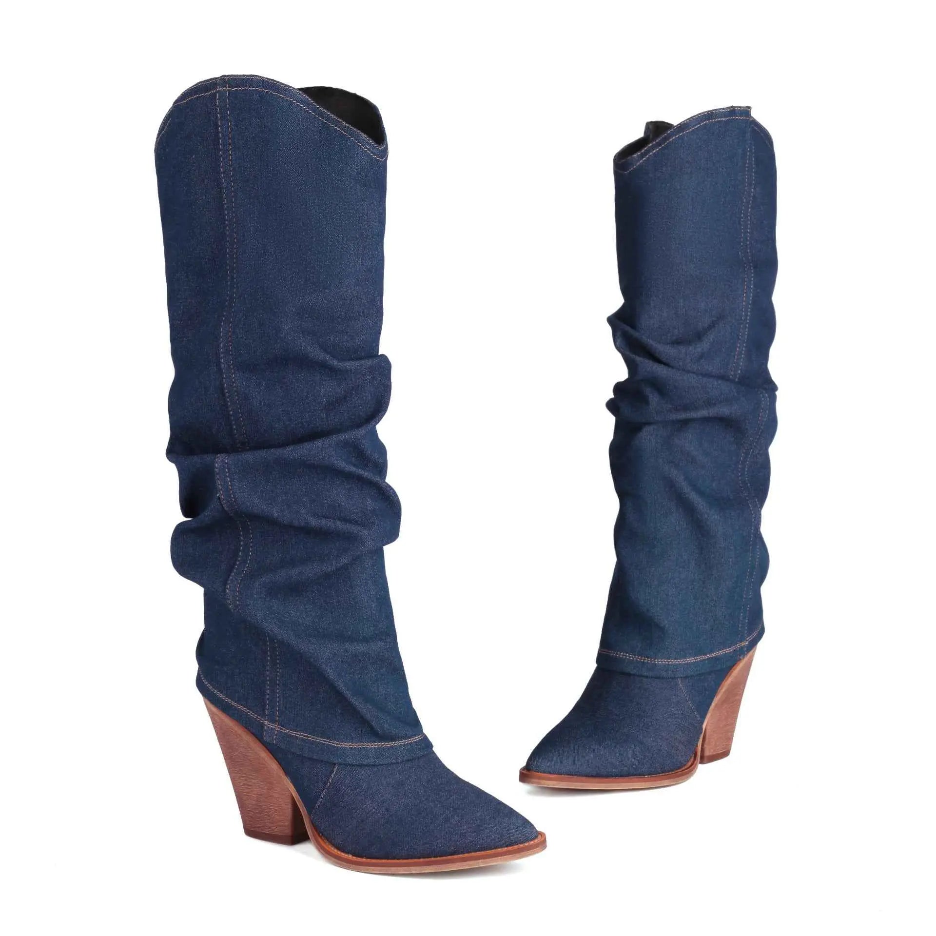 Women's Vintage Cowboy Boots – Pointed Toe Chunky Heel High Tube Fashion Boots AURABAGS SHOP