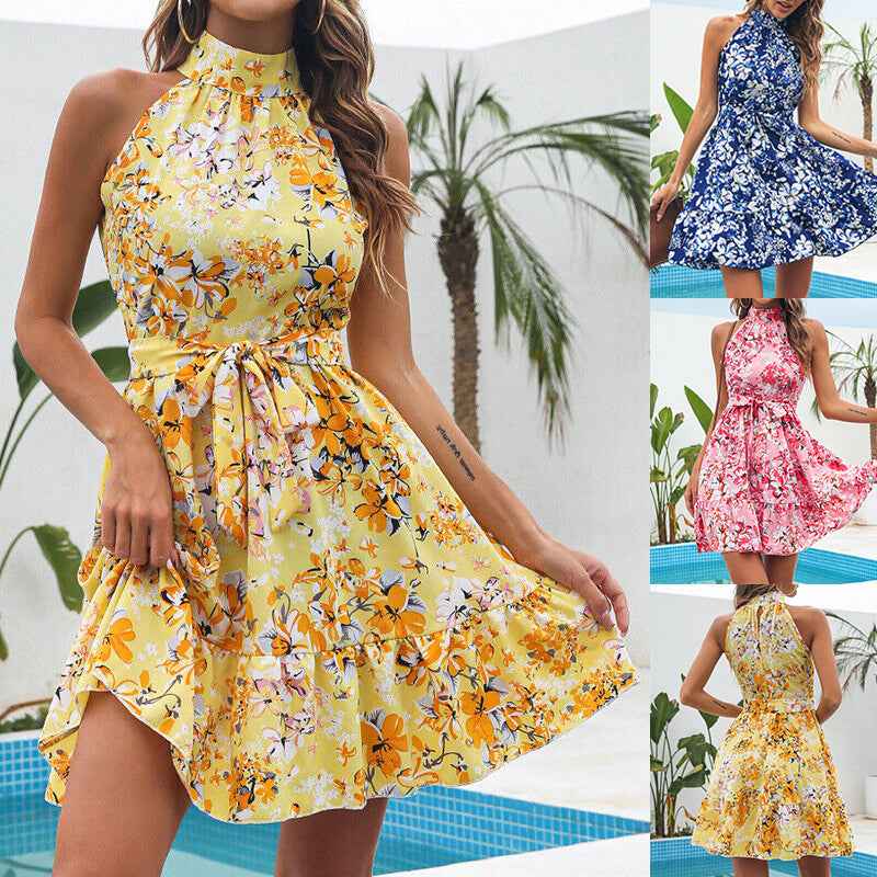 Women's Floral Halter Dress – Summer Lace-Up Ruffle Maxi Dress AURABAGS SHOP