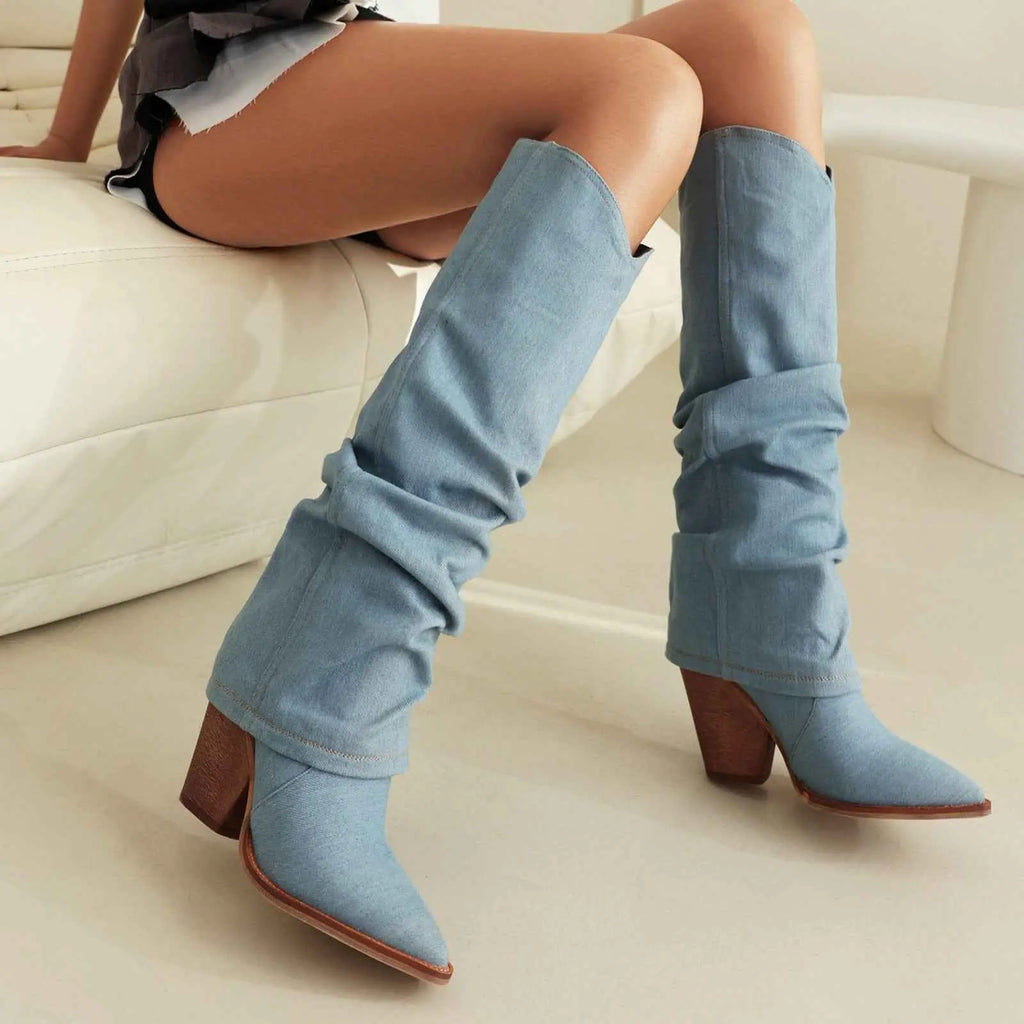 Women's Vintage Cowboy Boots – Pointed Toe Chunky Heel High Tube Fashion Boots AURABAGS SHOP